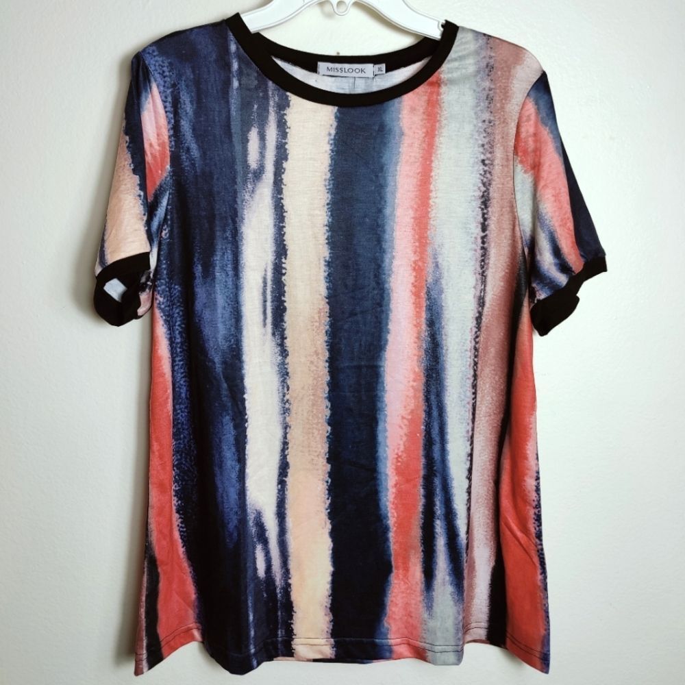 NWOT MISSLOOK Cotton Crew Neck Tie Dye Striped Ringer T-Shirt, Sz XL